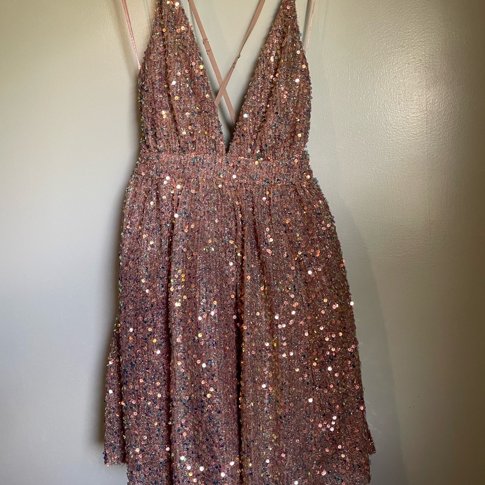 Pink Sequin Babydoll Mini Dress (Large)
